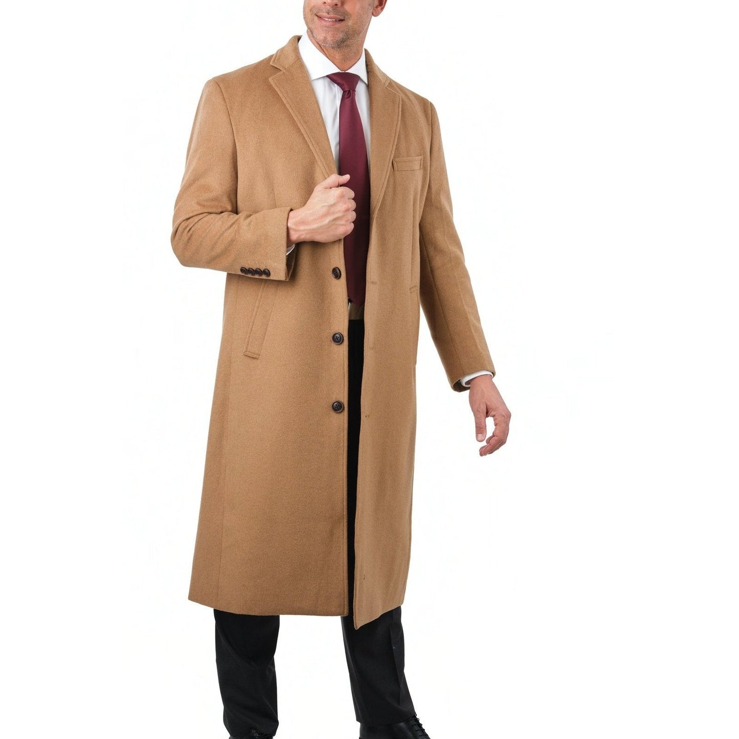 Mens Regular Fit Solid Camel Tan Full Length Wool Cashmere Overcoat Top Coat