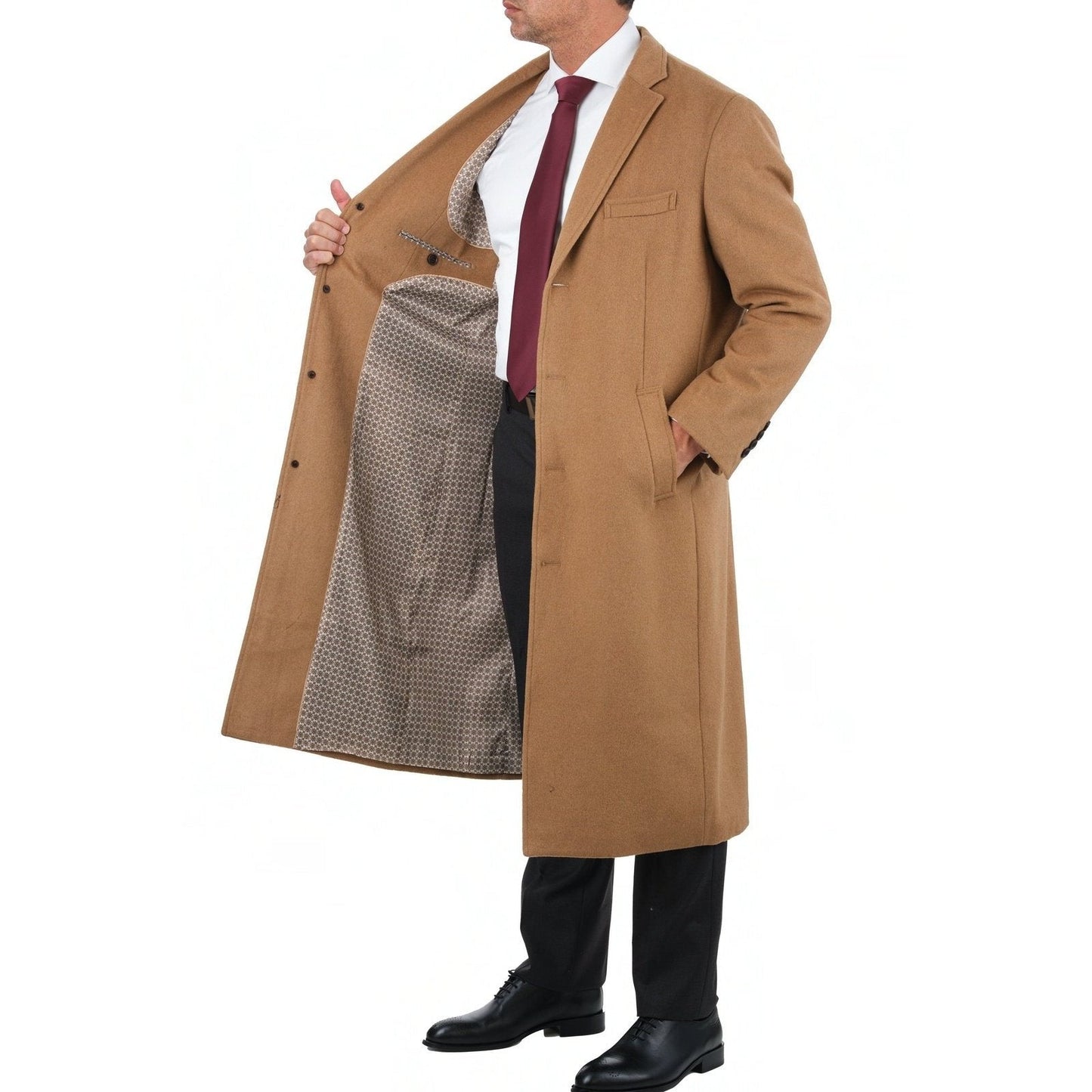 Mens Regular Fit Solid Camel Tan Full Length Wool Cashmere Overcoat Top Coat