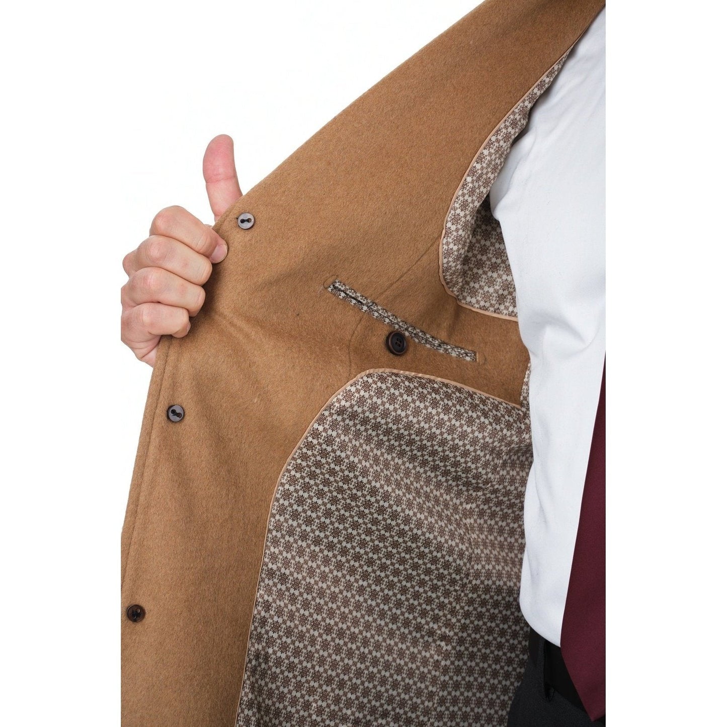 Mens Regular Fit Solid Camel Tan Full Length Wool Cashmere Overcoat Top Coat