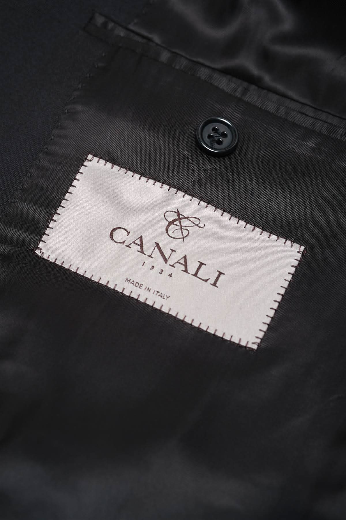 Canali Solid Black 100% Wool 2 Button Suit 46L