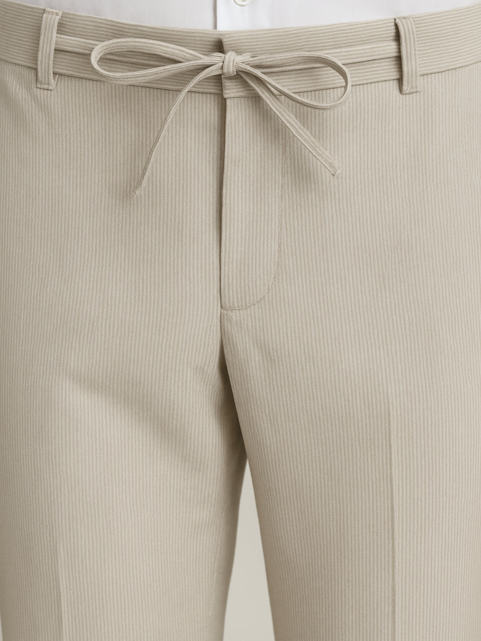 Pierre Carlos Pinstriped Beige Slim Fit Stretch Linen Suit with Drawstring Waist
