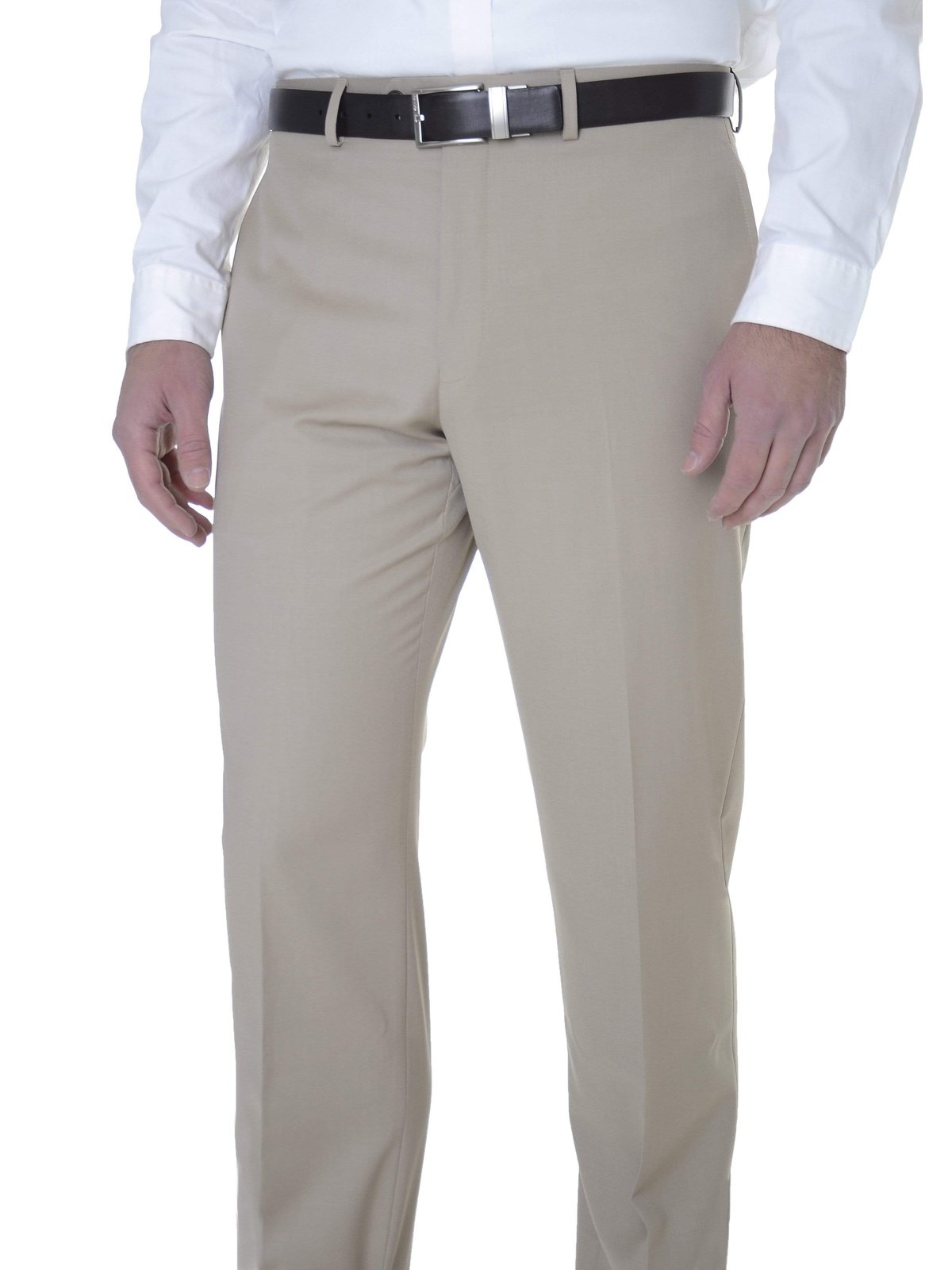 Calvin Klein Mens Regular Fit Solid Taupe Tan Flat Front Dress Pants