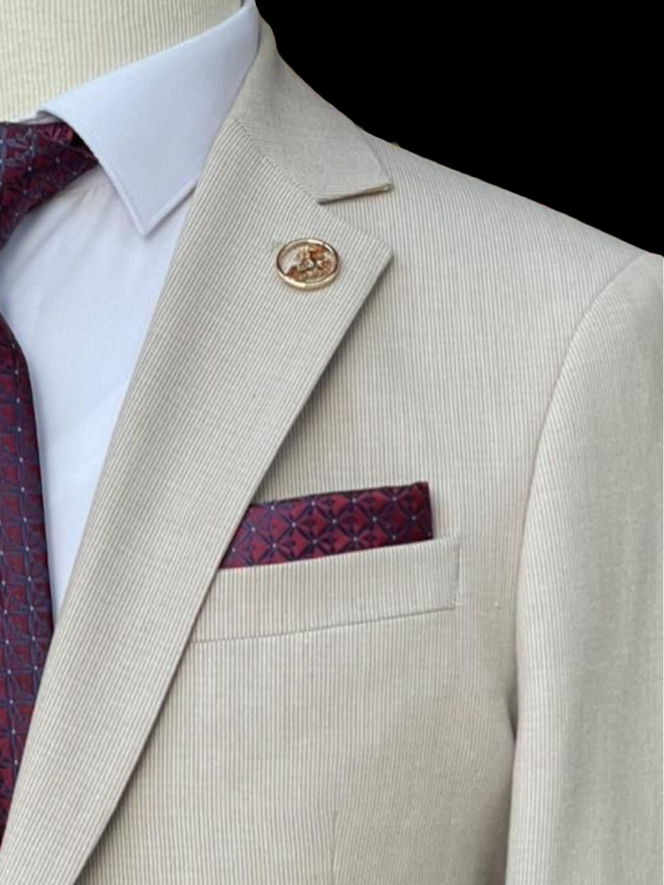 Pierre Carlos Pinstriped Beige Slim Fit Stretch Linen Suit with Drawstring Waist