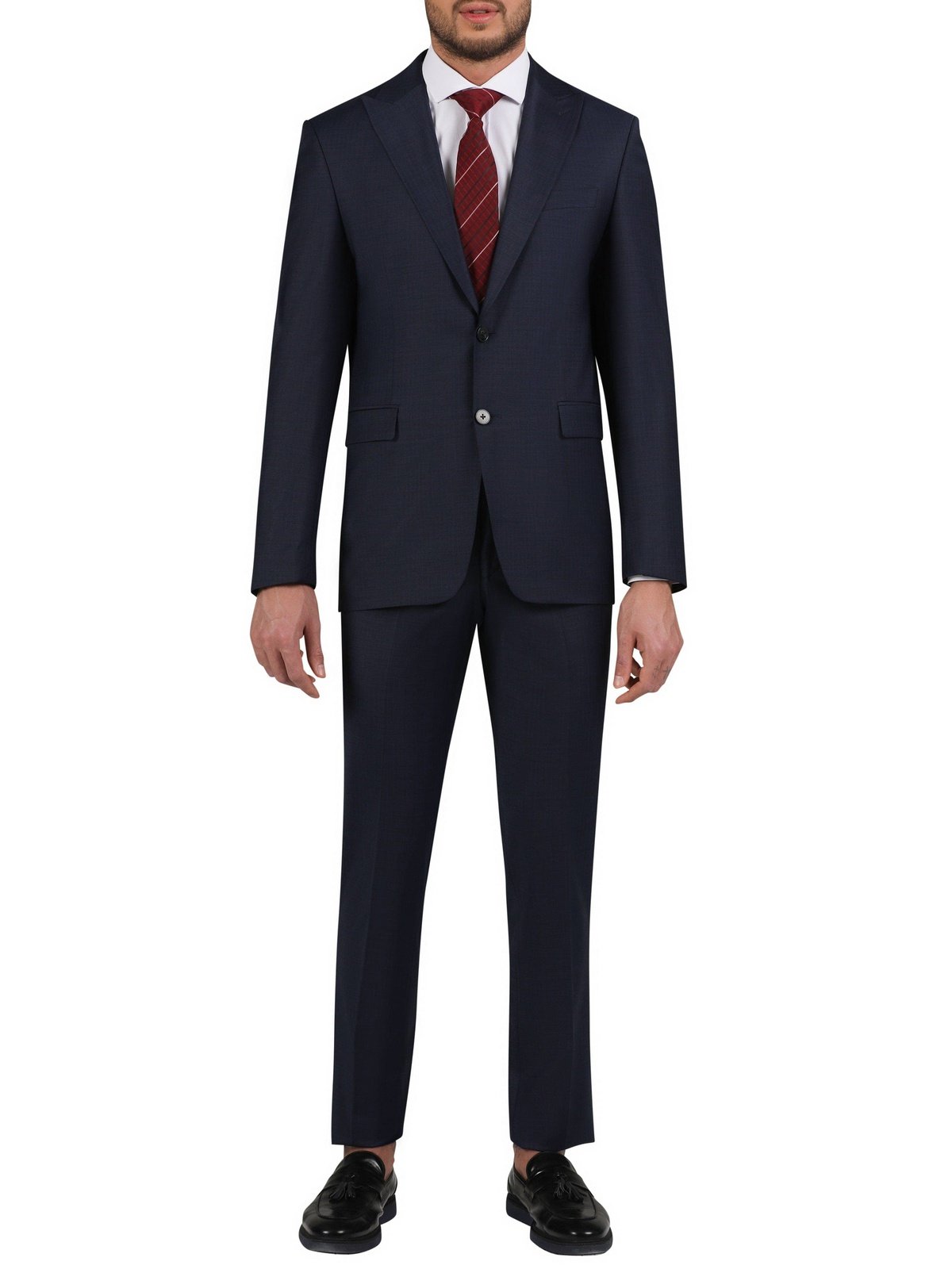 Di'nucci Slim Fit Navy With Brown Windowpane Peak Lapel Wool Blend Suit