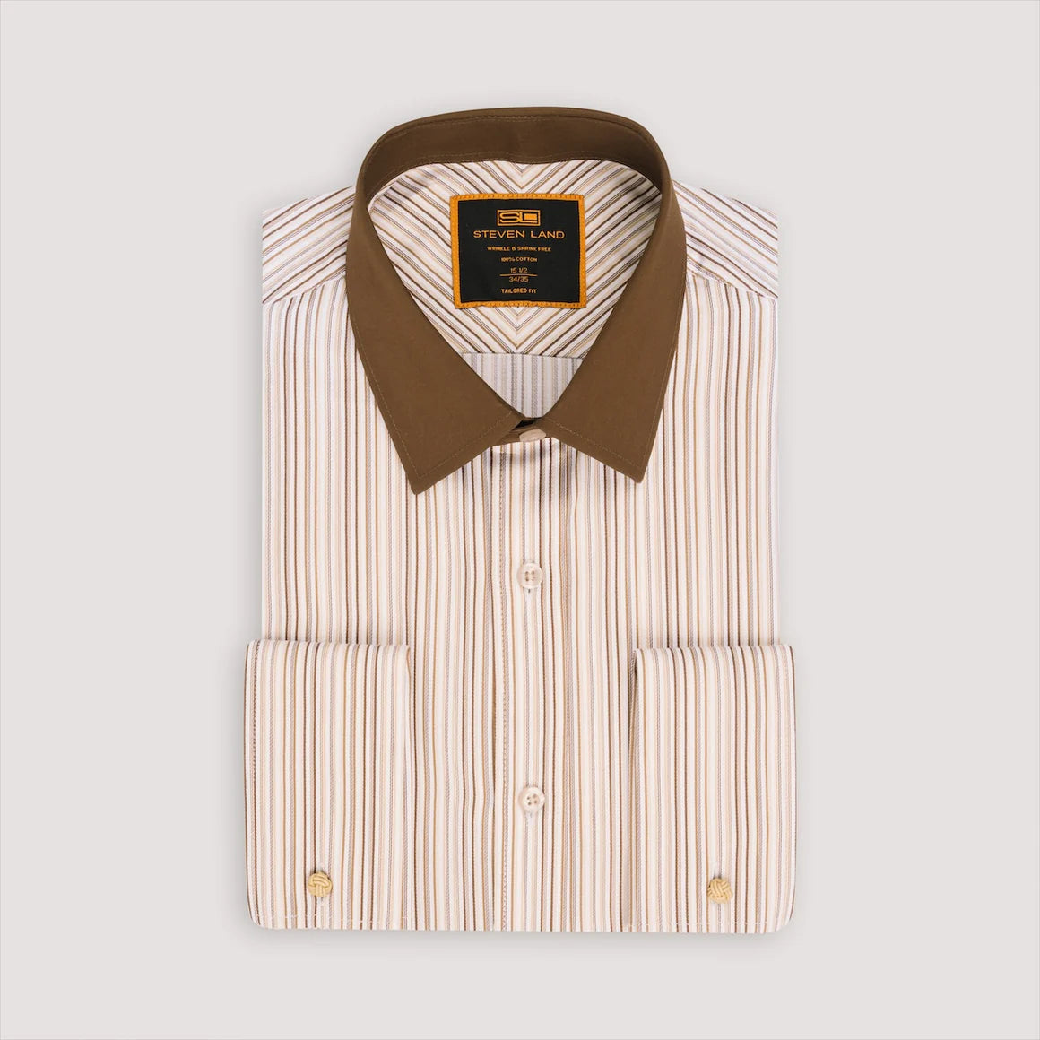 Steven Land Mens Brown Striped 100% Cotton French Cuff Spread Collar Dress Shirt