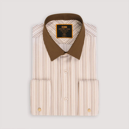 Steven Land Mens Brown Striped 100% Cotton French Cuff Spread Collar Dress Shirt