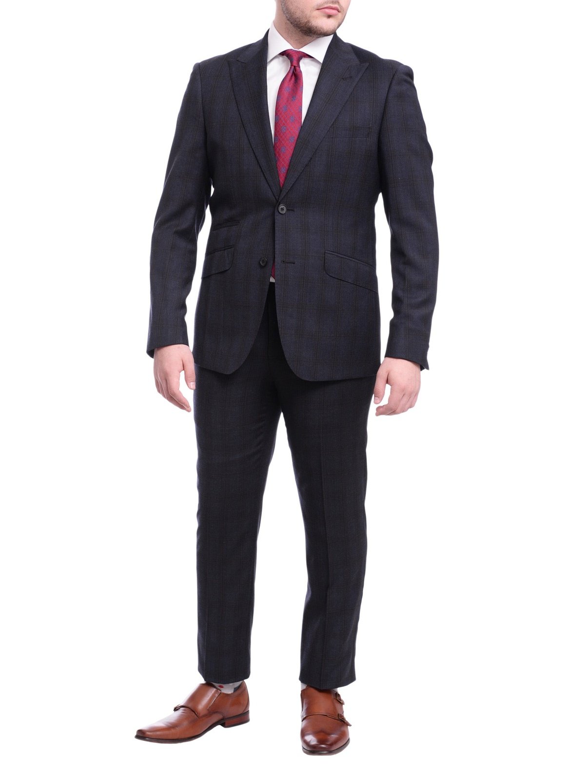 Ideal Slim Fit Blue And Red Plaid Two Button Wool Suit Peak Lapels