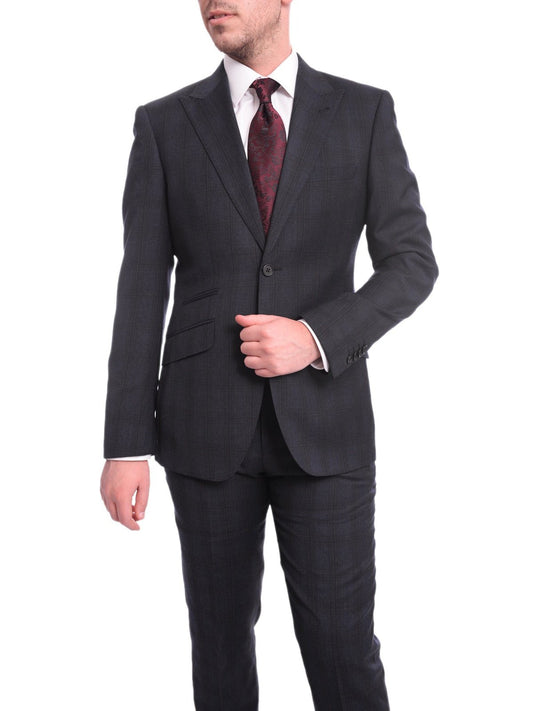 Ideal Slim Fit Blue And Red Plaid Two Button Wool Suit Peak Lapels