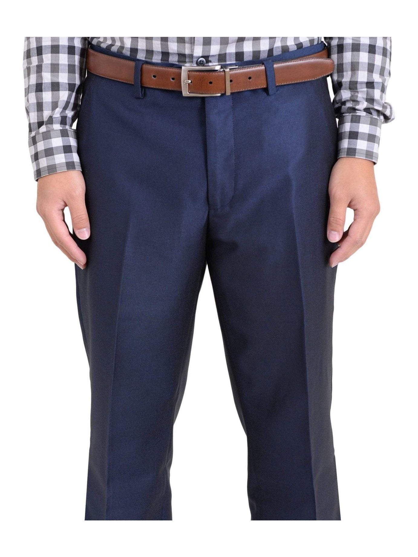 Ideal Slim Fit Navy Blue Pindot With Subtle Sheen Flat Front Wool Dress Pants