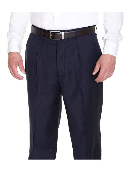 Mens Classic Fit Solid Navy Blue Pleated Wool Dress Pants
