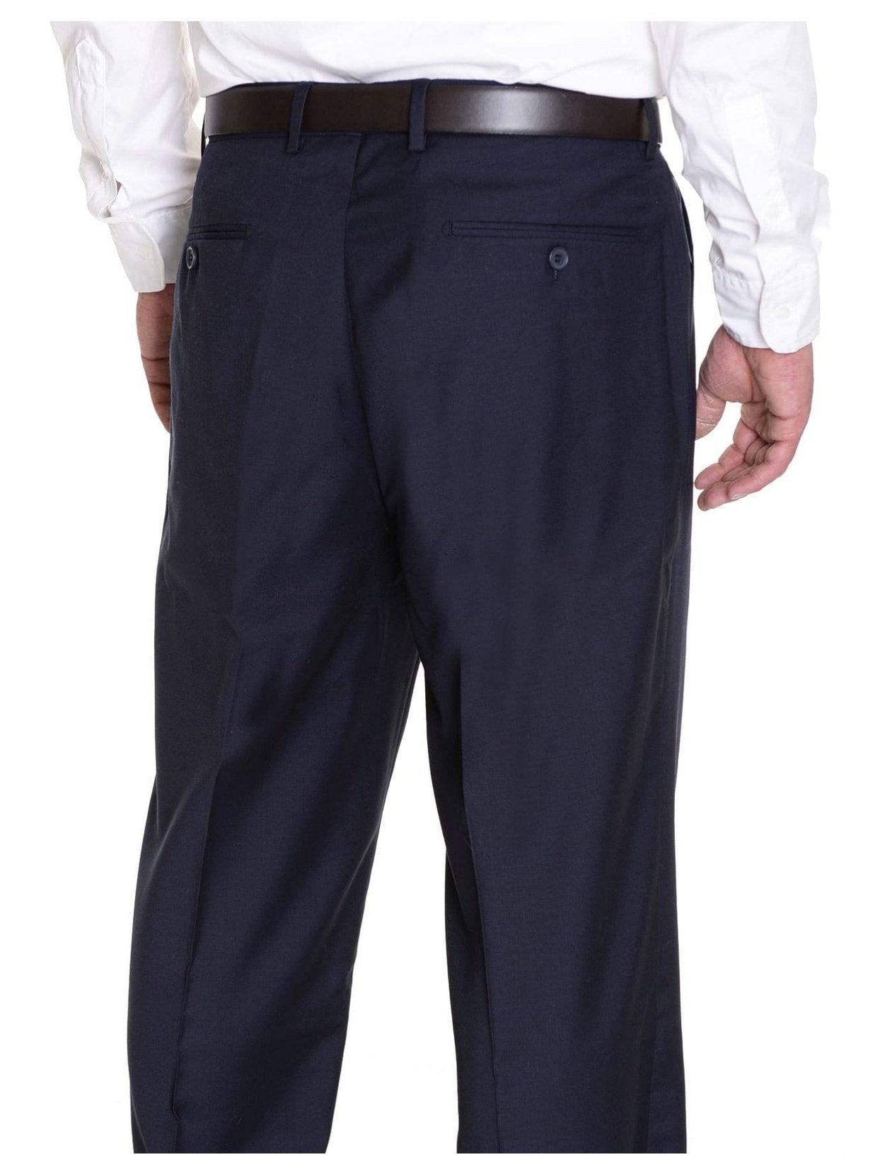 Mens Classic Fit Solid Navy Blue Pleated Wool Dress Pants