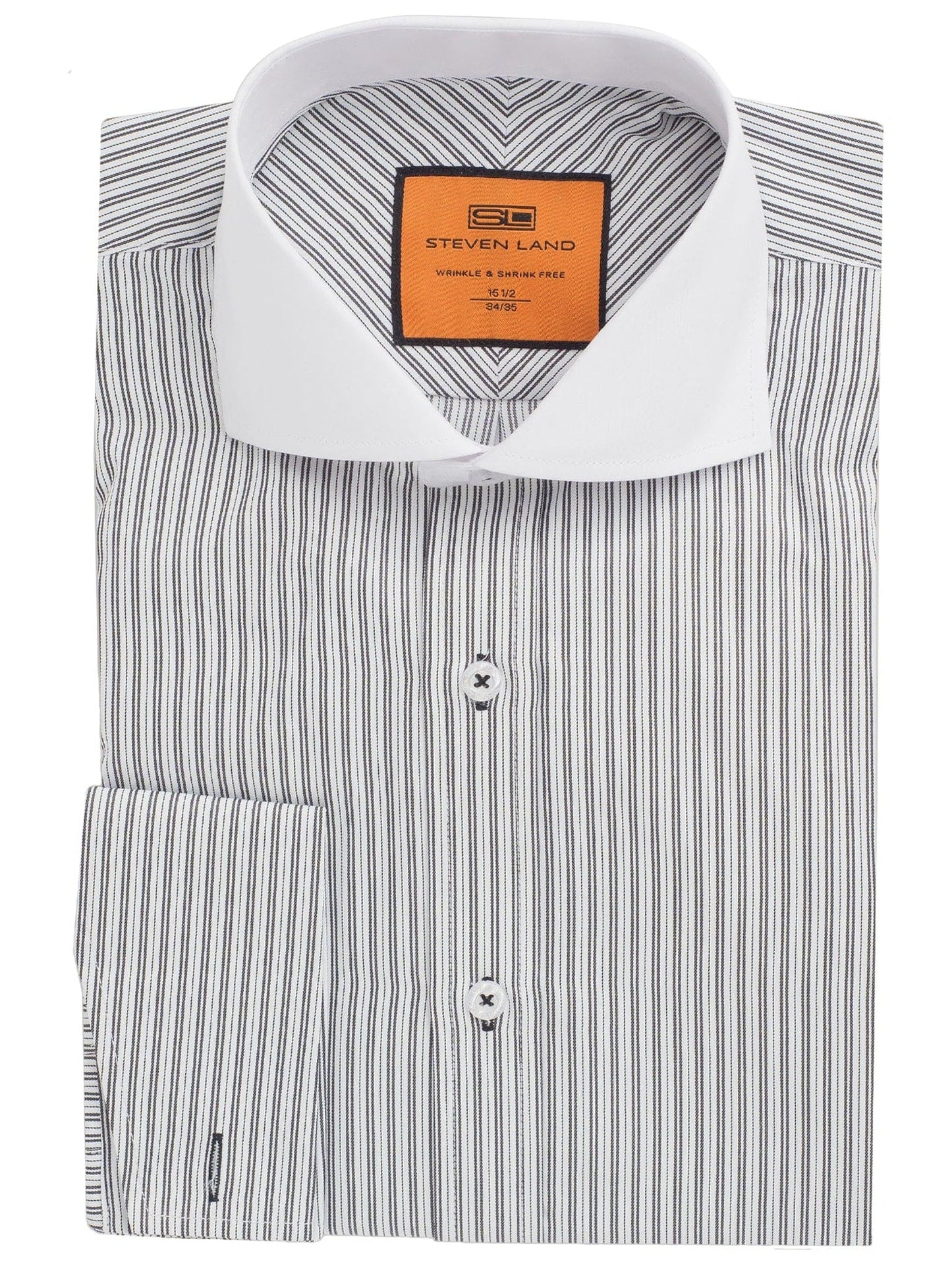 Steven Land Mens Black Striped Contrast Cutaway Collar French Cuff Wrinkle Free Dress Shirt