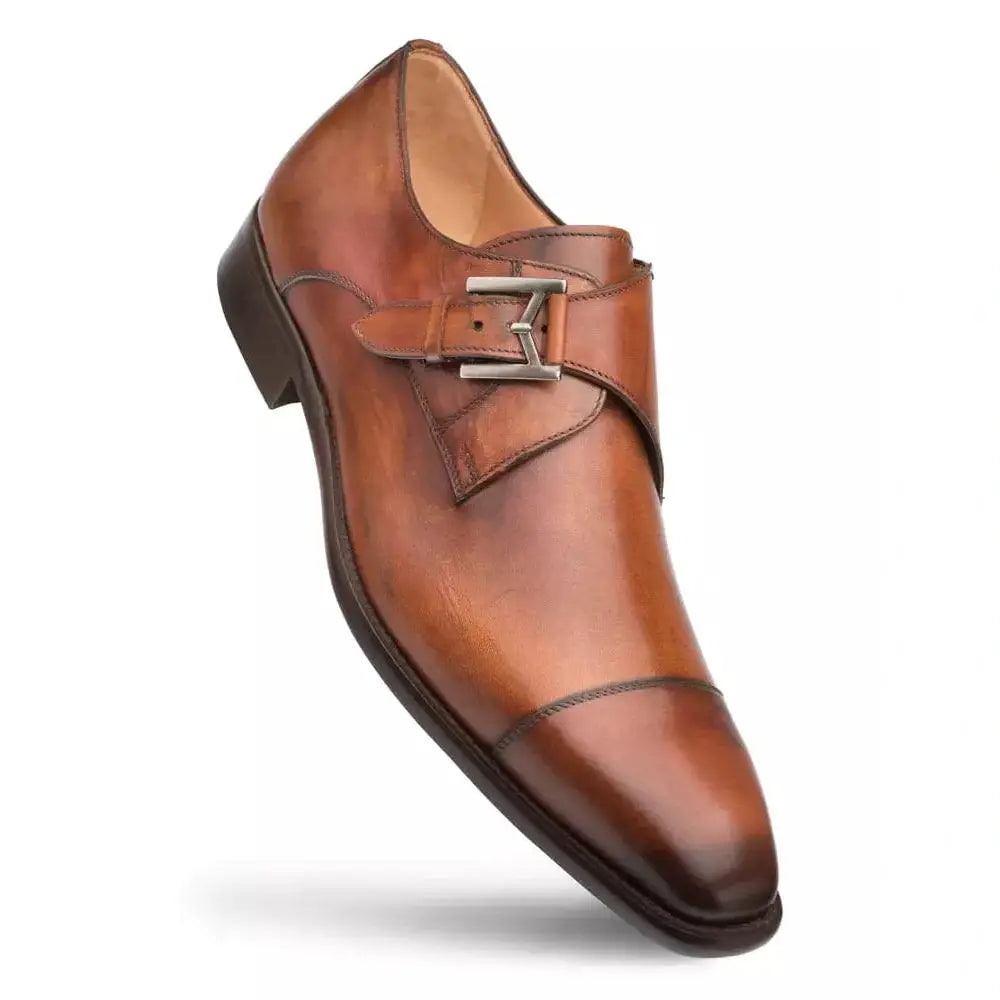 Mezlan Mens Cognac Single Monk Strap Cap Toe Leather Dress Shoes