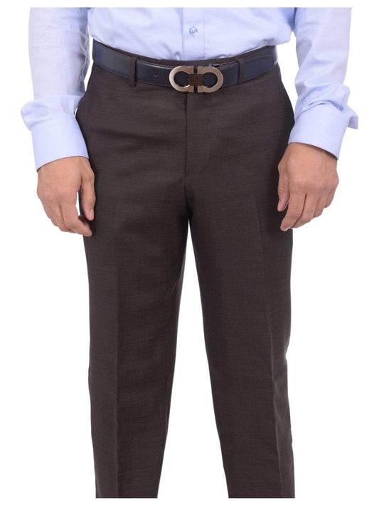 Mens Napoli Extra Slim Fit Brown Textured Flat Front Wool Dress Pants