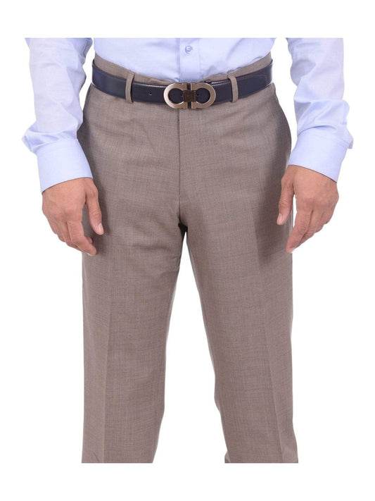 Mens Napoli Extra Slim Fit Heather Taupe Flat Front Wool Dress Pants
