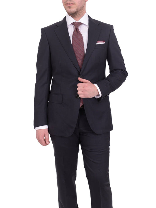 Mens Napoli Slim Fit Solid Navy Blue Half Canvassed Marzotto Wool Suit