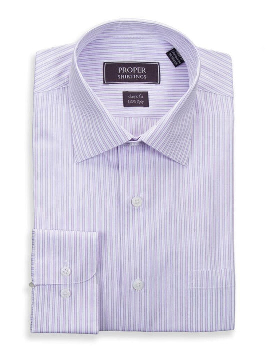 Mens Classic Fit Lavender Striped Spread Collar 120's 2ply Cotton Dress Shirt