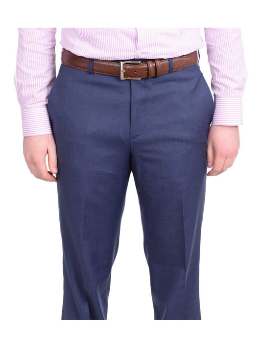 Stafford Classic Fit Solid Blue Flat Front Washable Wool Blend Dress Pants