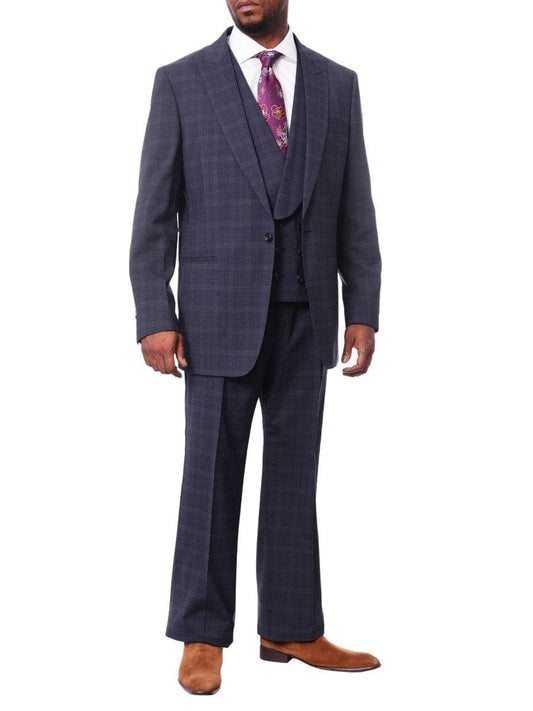 Steven Land Mens Blue Plaid 100% Wool Classic Fit 3 Piece Suit