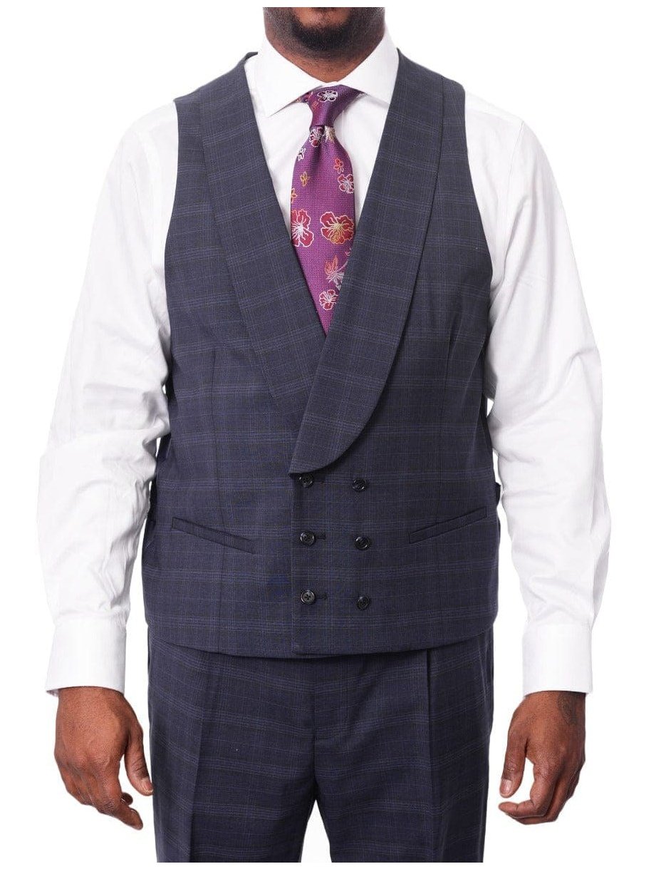 Steven Land Mens Blue Plaid 100% Wool Classic Fit 3 Piece Suit