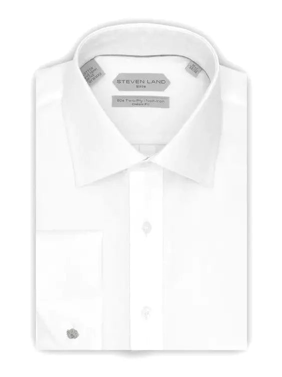 Steven Land 100% Cotton White Textured French Cuff Classic Fit Dress Shirt