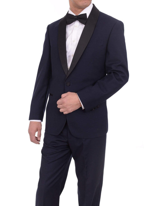 Mens Slim Fit Navy Blue One Button Tuxedo Suit With Black Satin Shawl Lapel