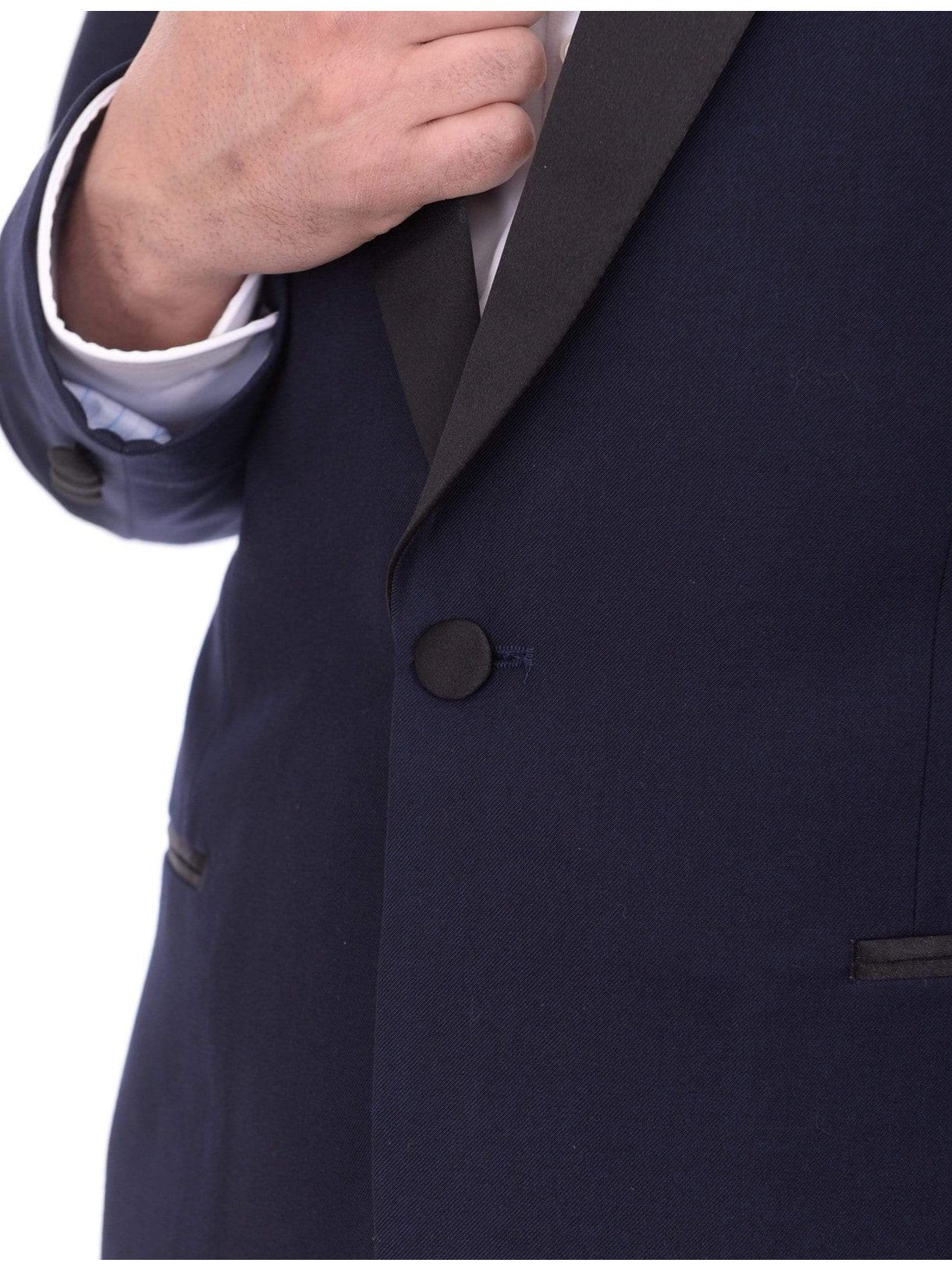 Mens Slim Fit Navy Blue One Button Tuxedo Suit With Black Satin Shawl Lapel